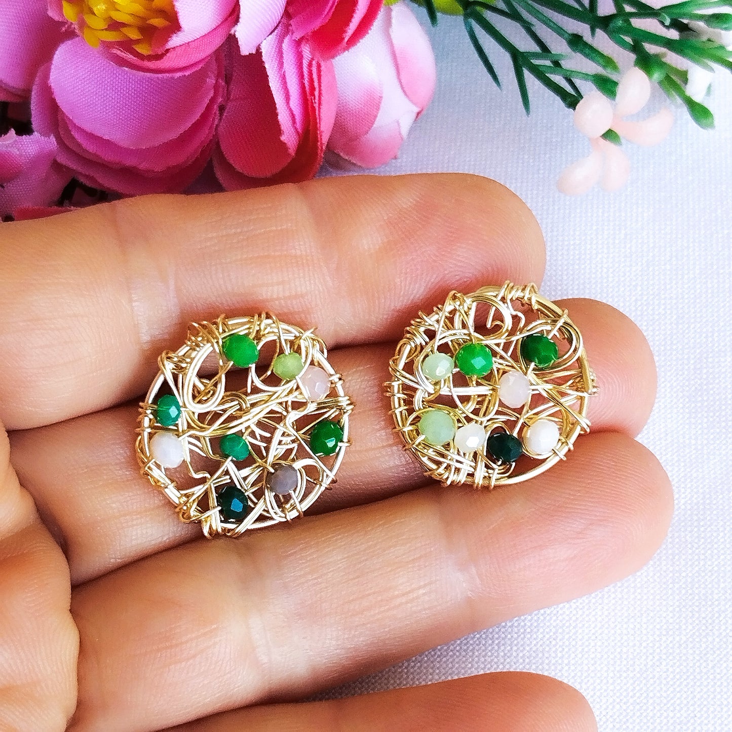 Aros Pequeños y Redondos Con Entramado Circular y Cristales