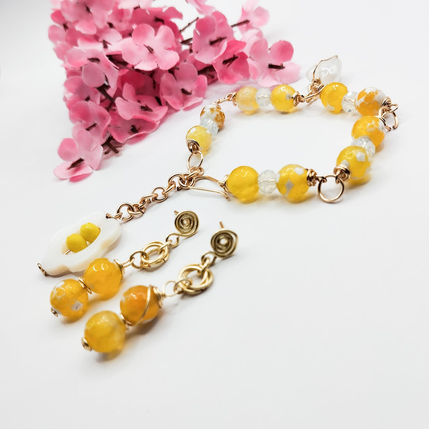 Conjunto de Aros Y Pulsera Con Piedras Ágatas