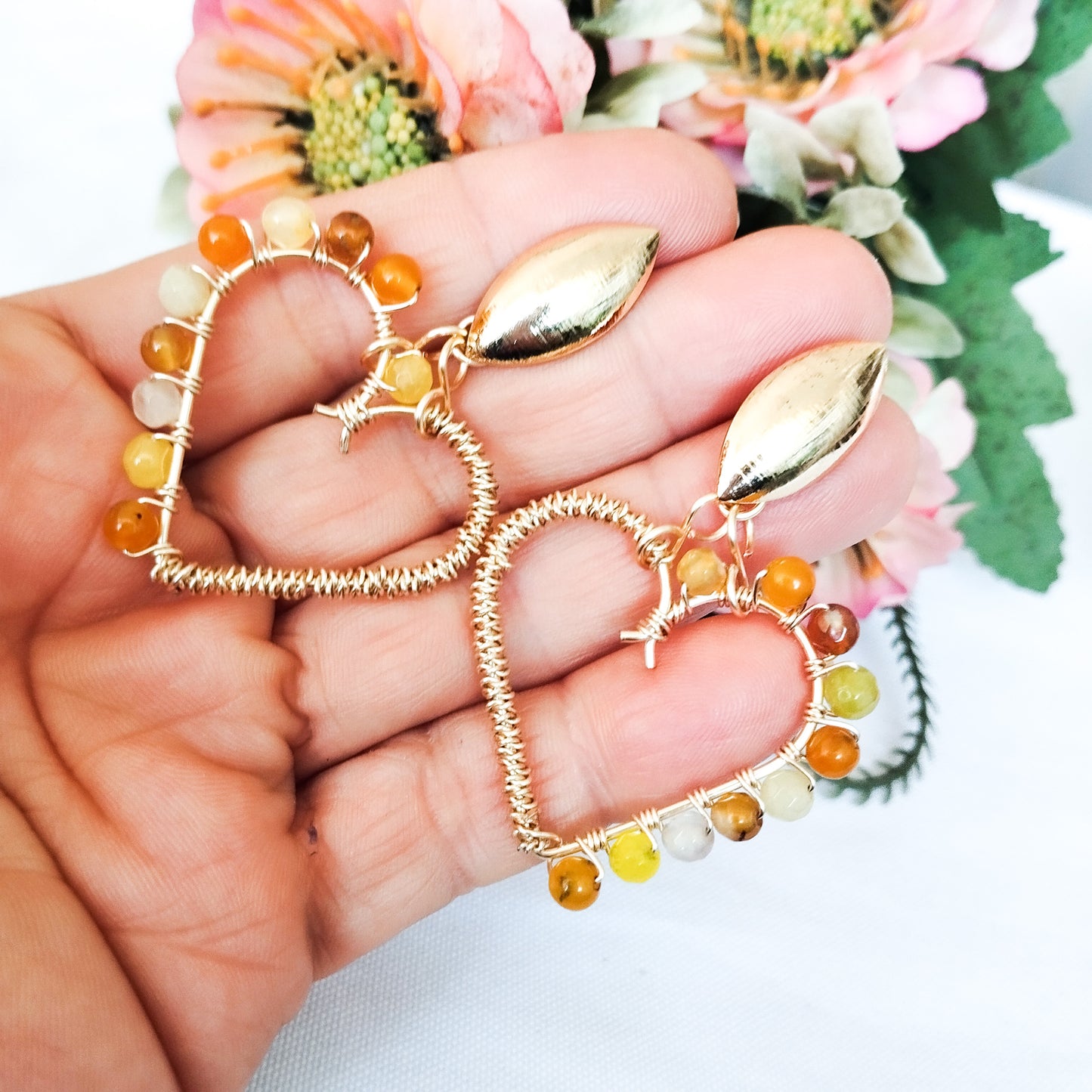 Aros Grandes en Forma de Corazón Con Ágatas Naturales