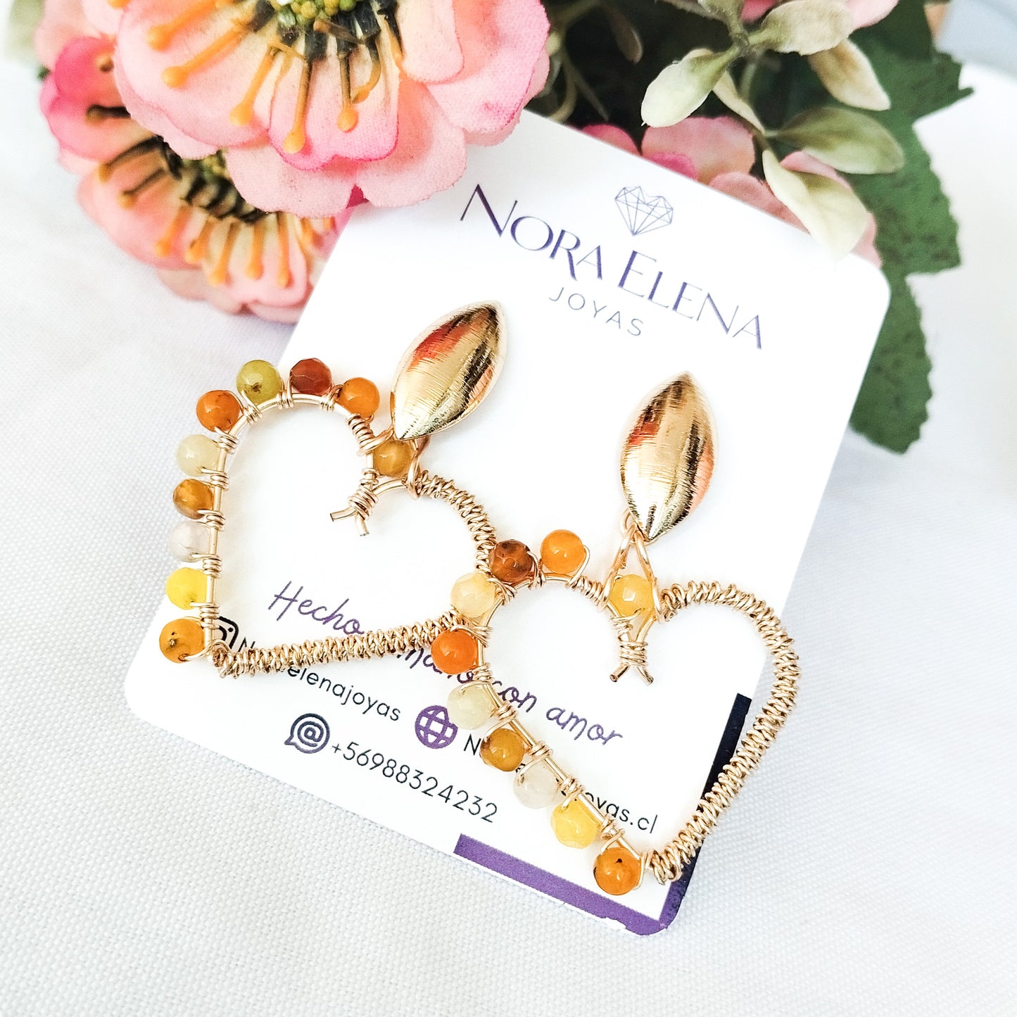 Aros Grandes en Forma de Corazón Con Ágatas Naturales