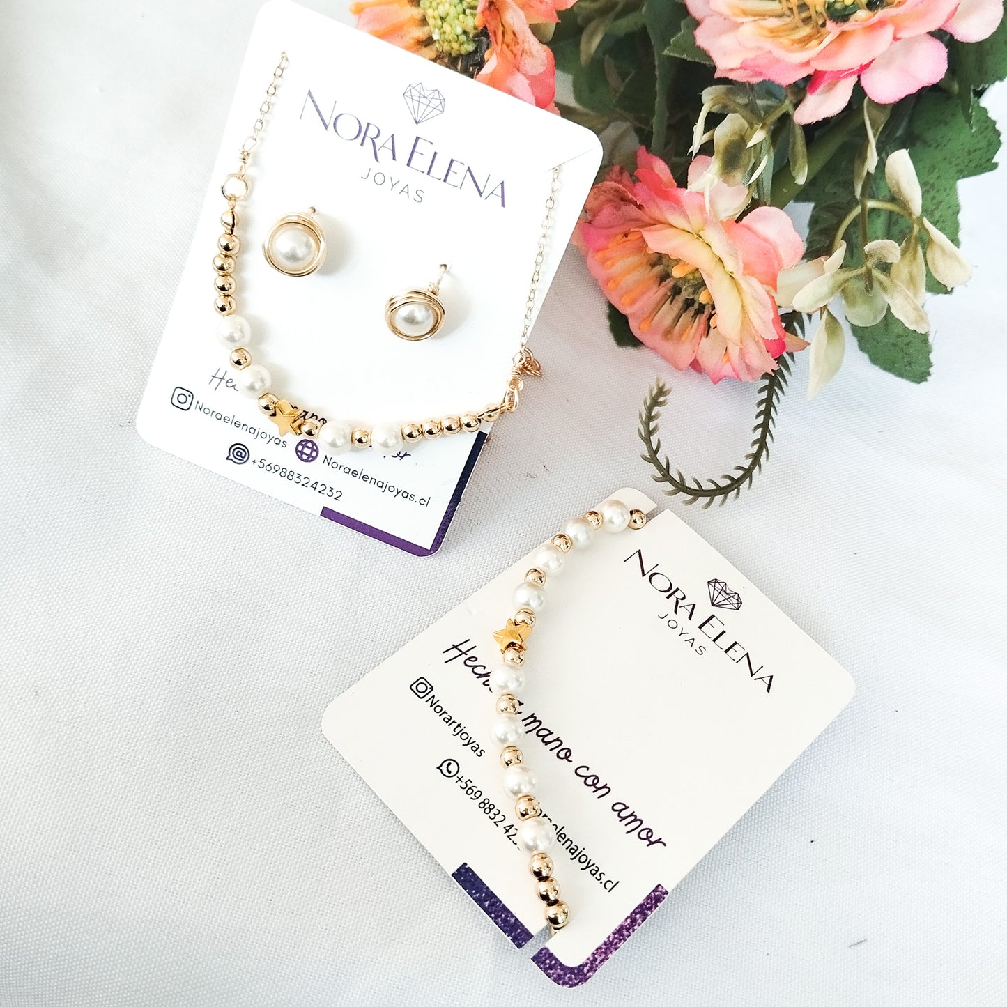 Conjunto de Collar, Pulsera y Aros Pequeños con Perlas y Alambre Bañado en Oro