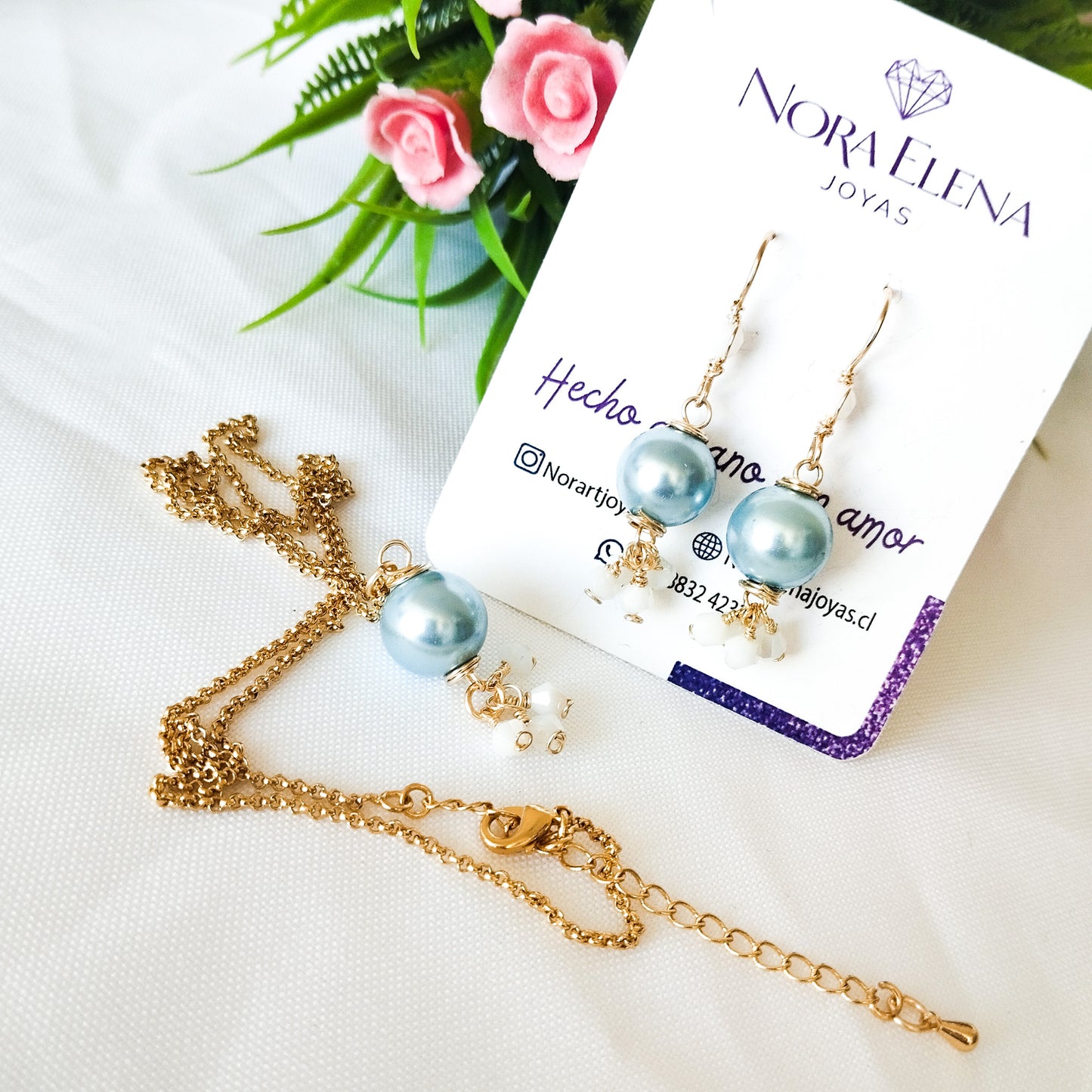 Conjunto de Collar y Aros Colgantes Con Perlas Shell Azules