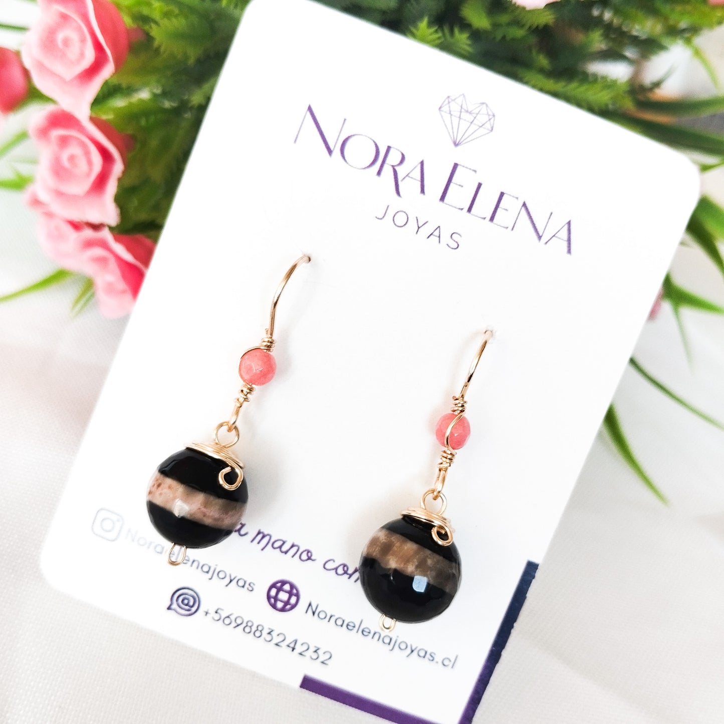 Conjunto de Aros Y Collar Con Ágatas Tibetanas Y Cadena en Baño de Oro