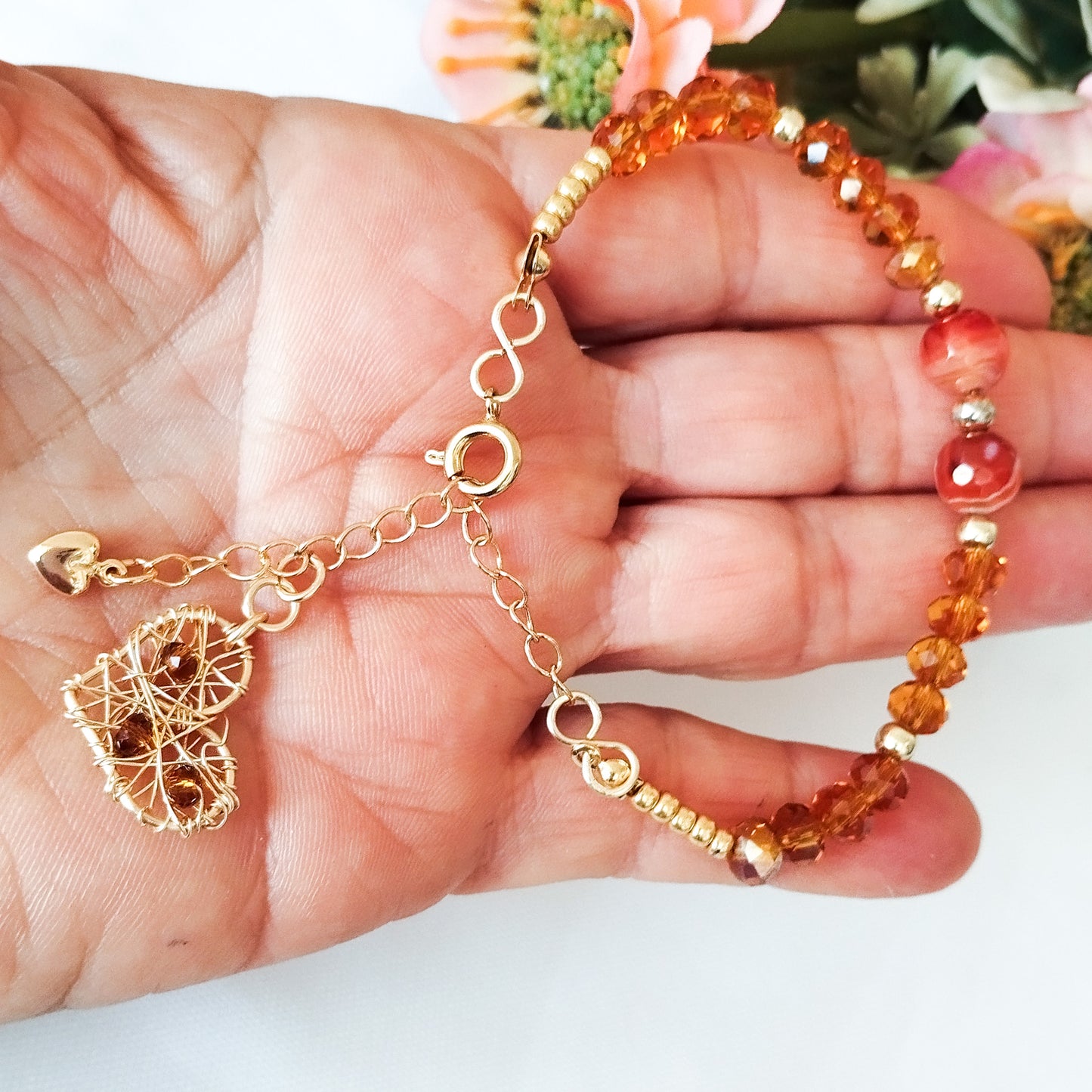 Pulsera Con Cristales, Piedras Ágatas Y Cadena Extensora En Baño de Oro