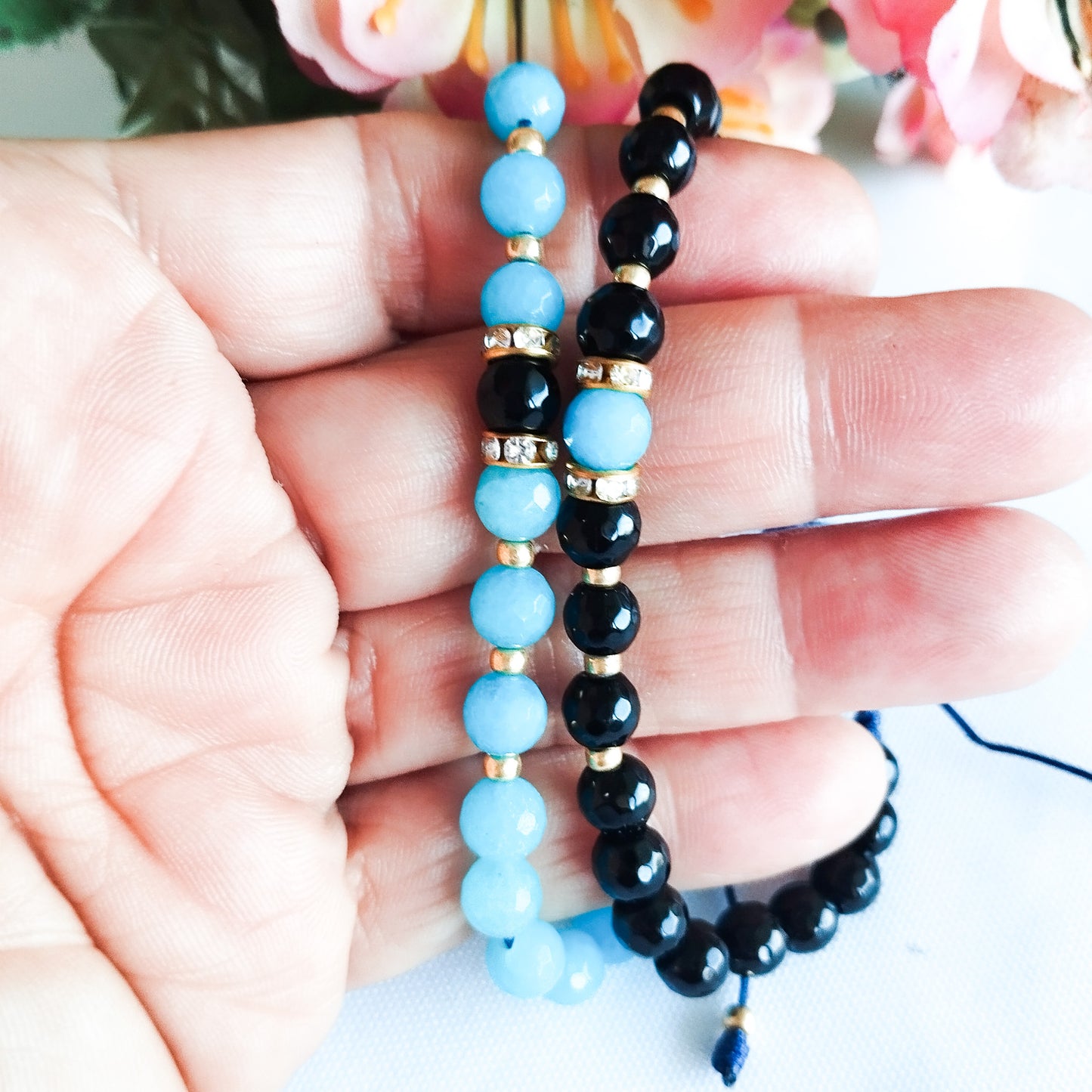 Juego de Pulseras Para Parejas de Ágatas Naturales Y Separadores Con Baño de Oro