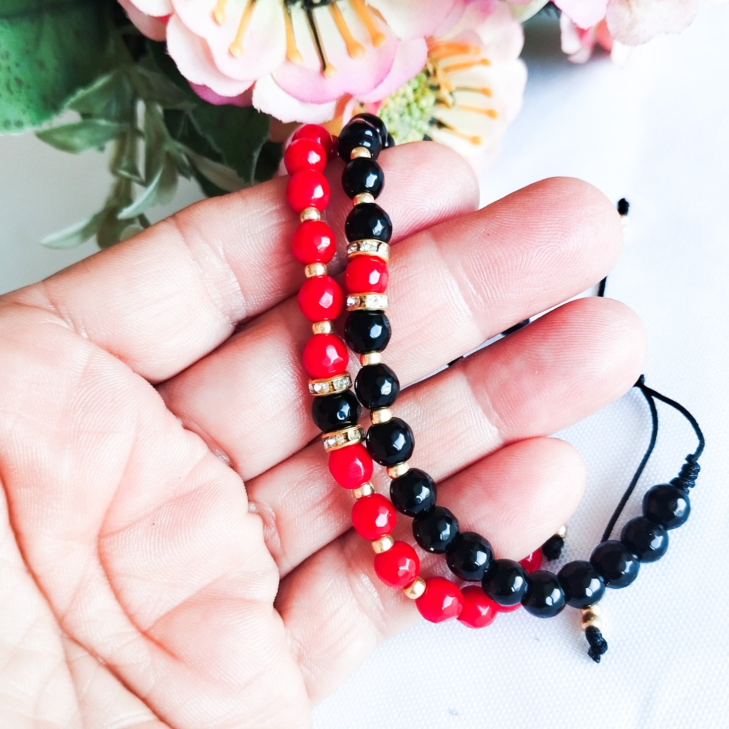 Juego de Pulseras Para Parejas de Ágatas Naturales Y Separadores Con Baño de Oro