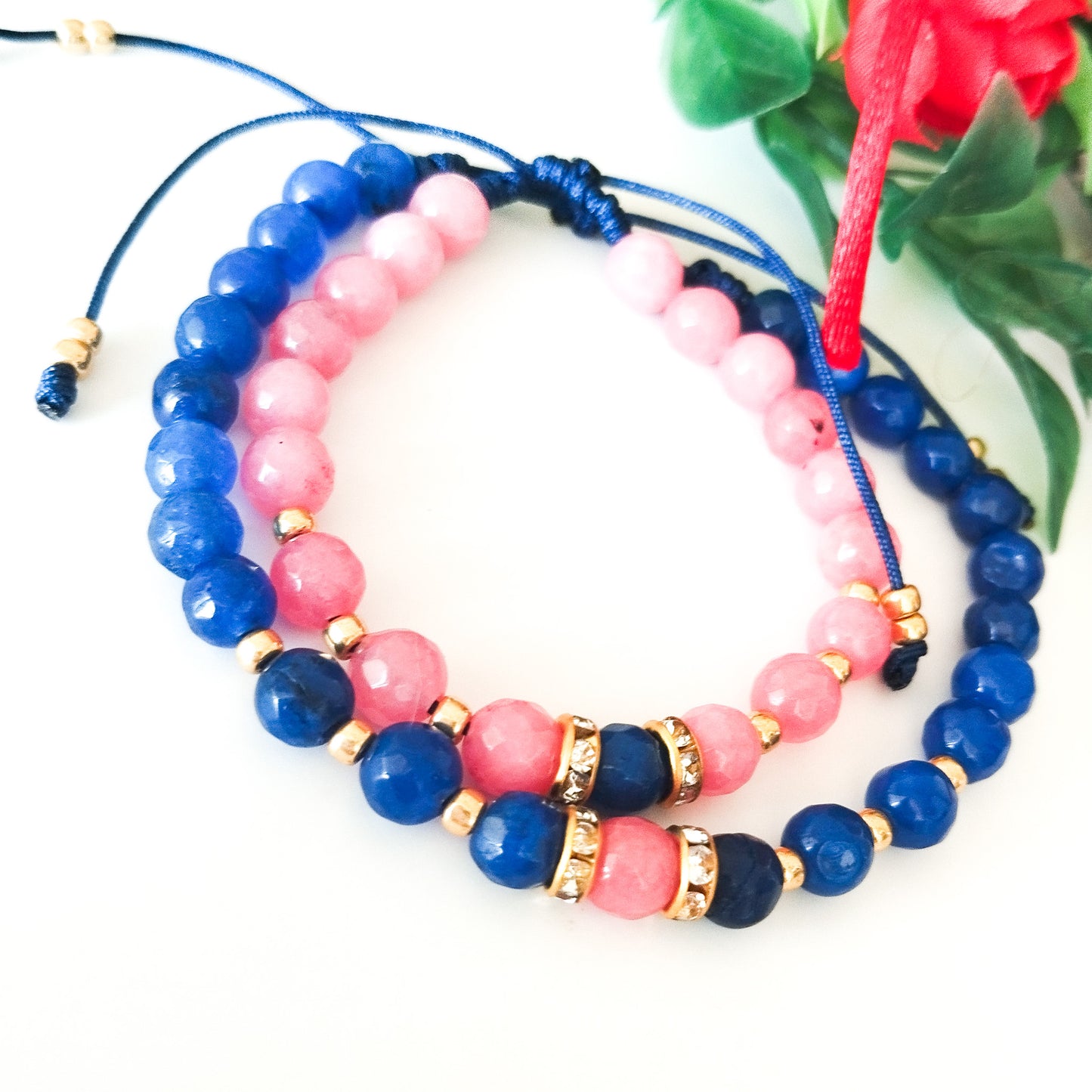 Juego de Pulseras Para Parejas de Ágatas Naturales Y Separadores Con Baño de Oro