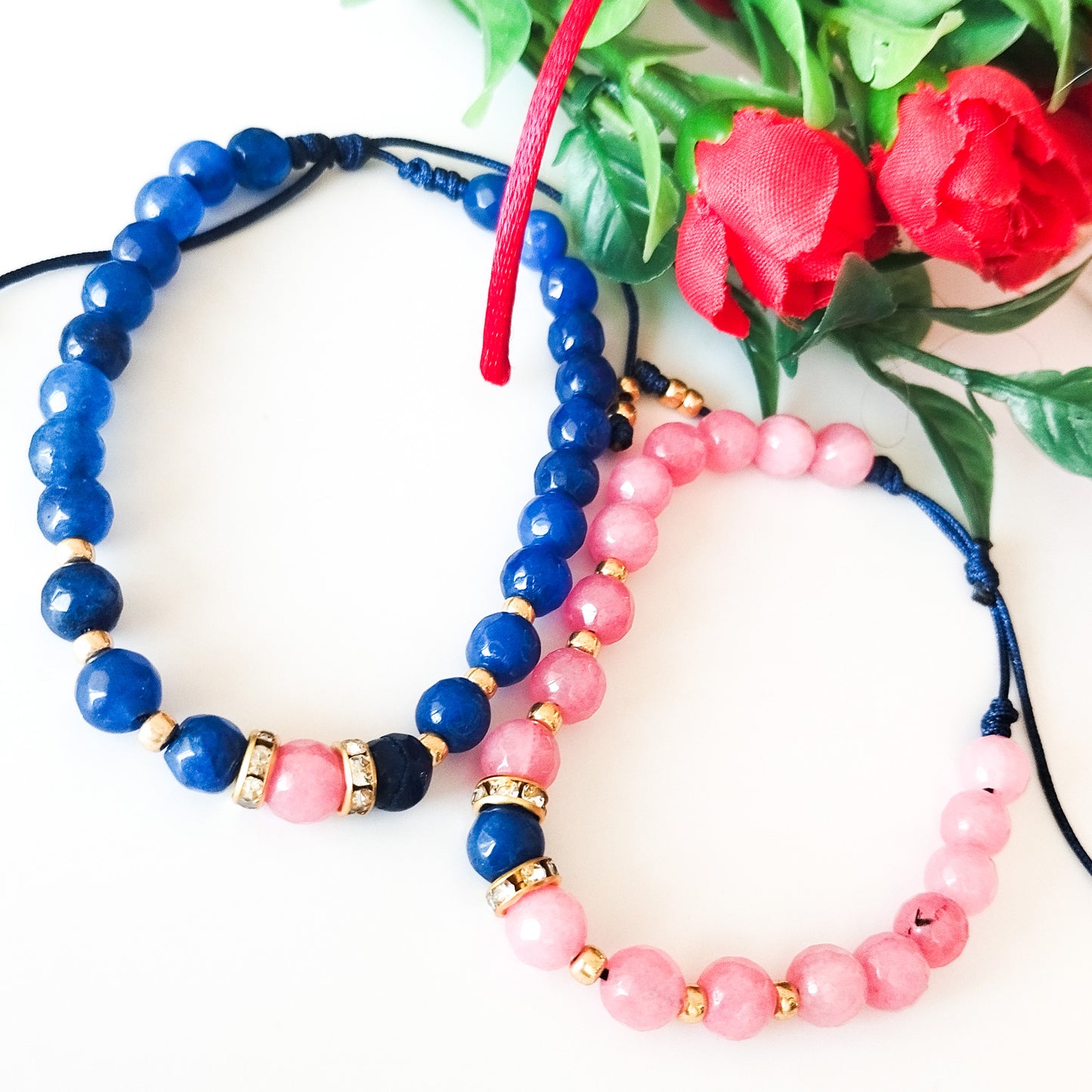 Juego de Pulseras Para Parejas de Ágatas Naturales Y Separadores Con Baño de Oro