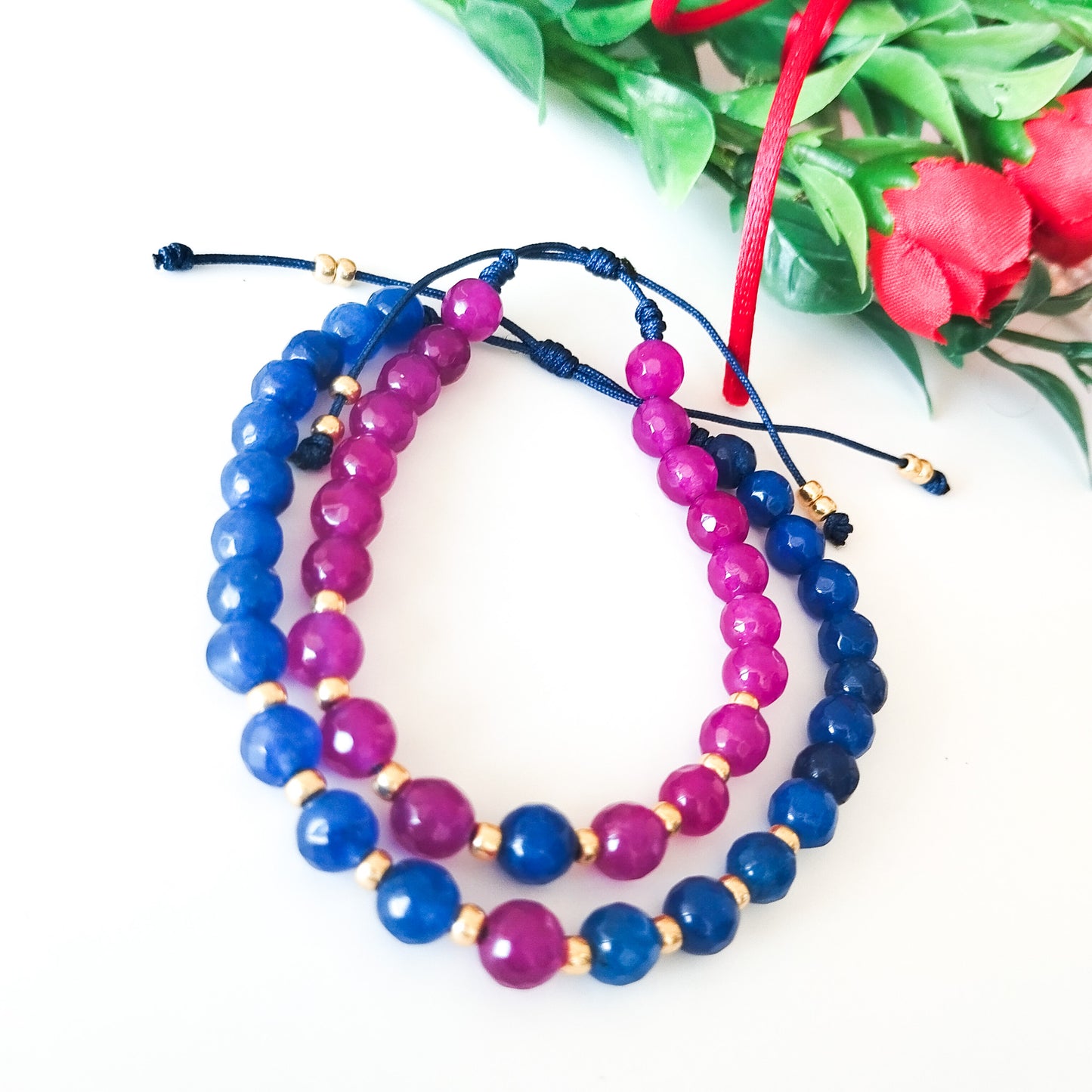 Juego de Pulseras Para Parejas de Ágatas Naturales Y Separadores Con Baño de Oro
