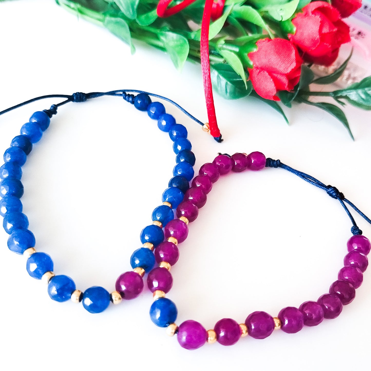Juego de Pulseras Para Parejas de Ágatas Naturales Y Separadores Con Baño de Oro