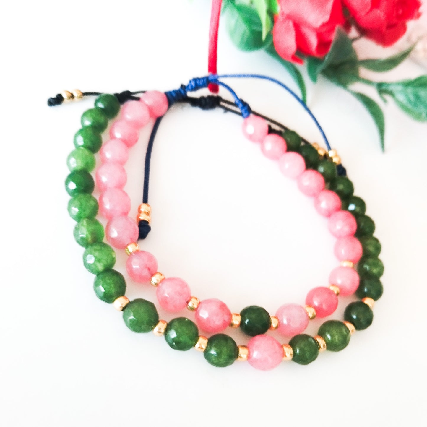 Juego de Pulseras Para Parejas de Ágatas Naturales Y Separadores Con Baño de Oro