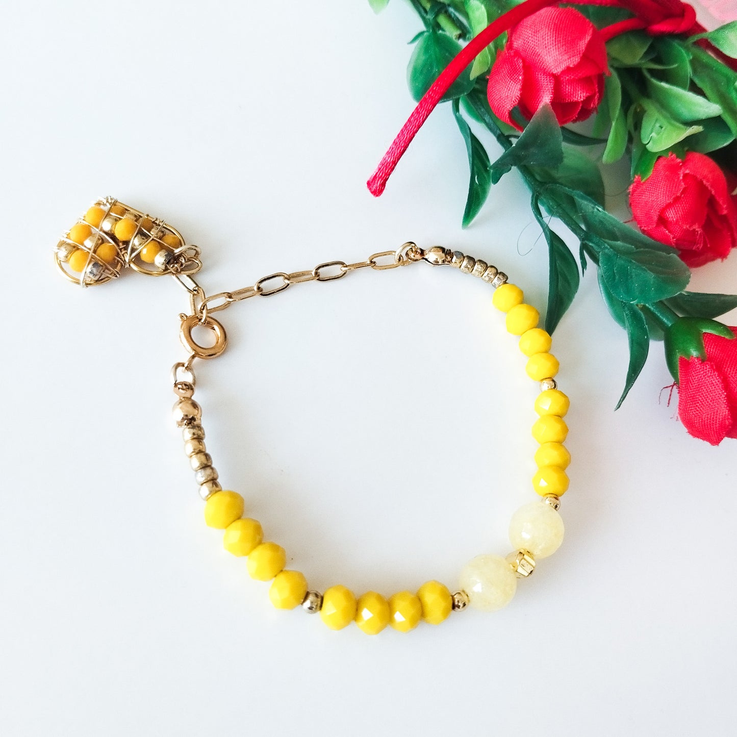 Pulsera Con Cristales, Piedras Ágatas Y Cadena Extensora En Baño de Oro