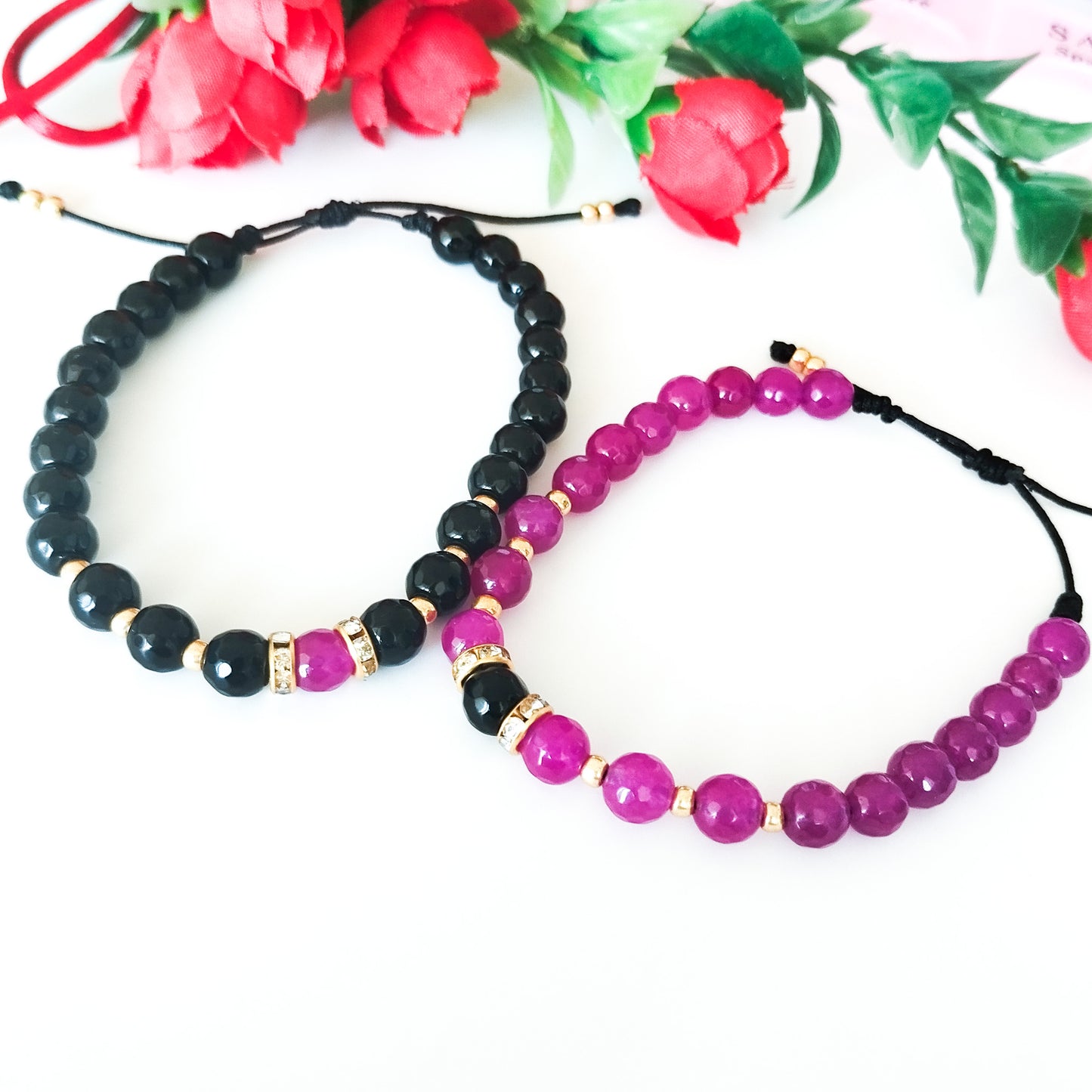 Juego de Pulseras Para Parejas de Ágatas Naturales Y Separadores Con Baño de Oro