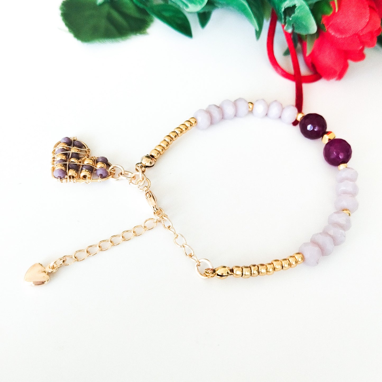 Pulsera Con Cristales, Piedras Ágatas Y Cadena Extensora En Baño de Oro