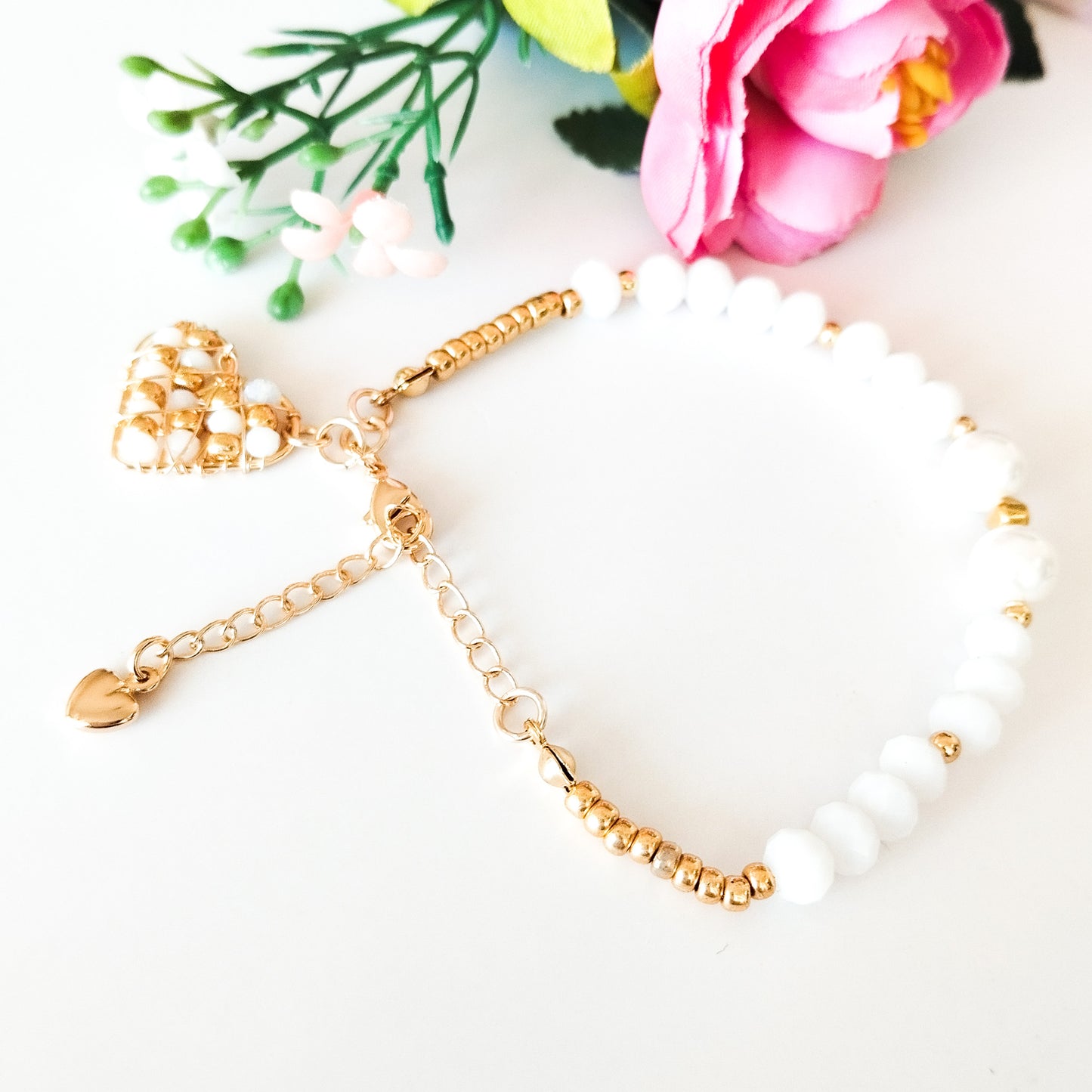 Pulsera Con Cristales, Piedras Ágatas Y Cadena Extensora En Baño de Oro
