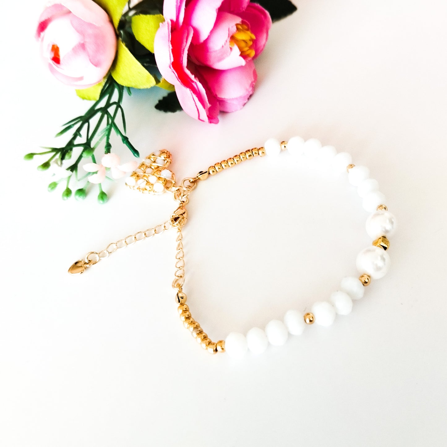 Pulsera Con Cristales, Piedras Ágatas Y Cadena Extensora En Baño de Oro