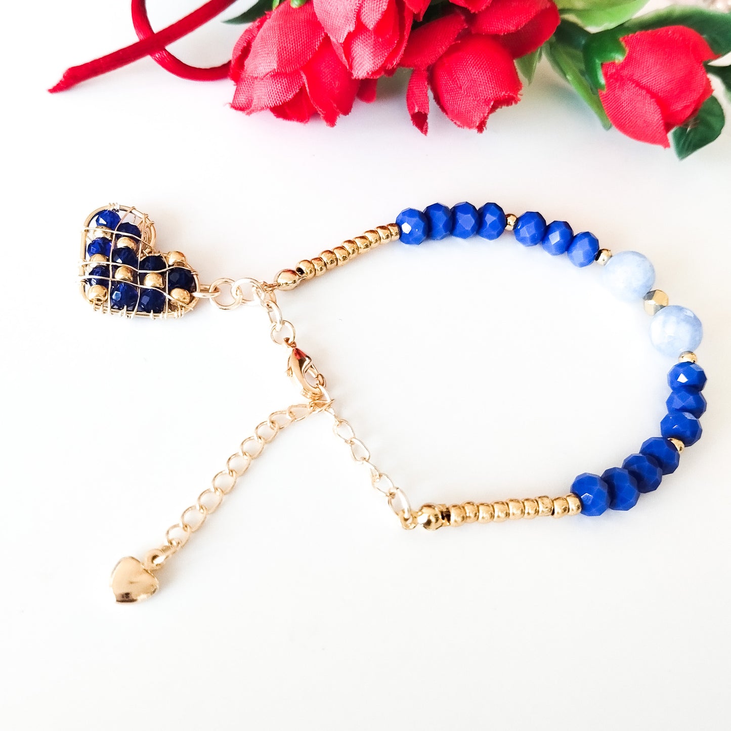 Pulsera Con Cristales, Piedras Ágatas Y Cadena Extensora En Baño de Oro