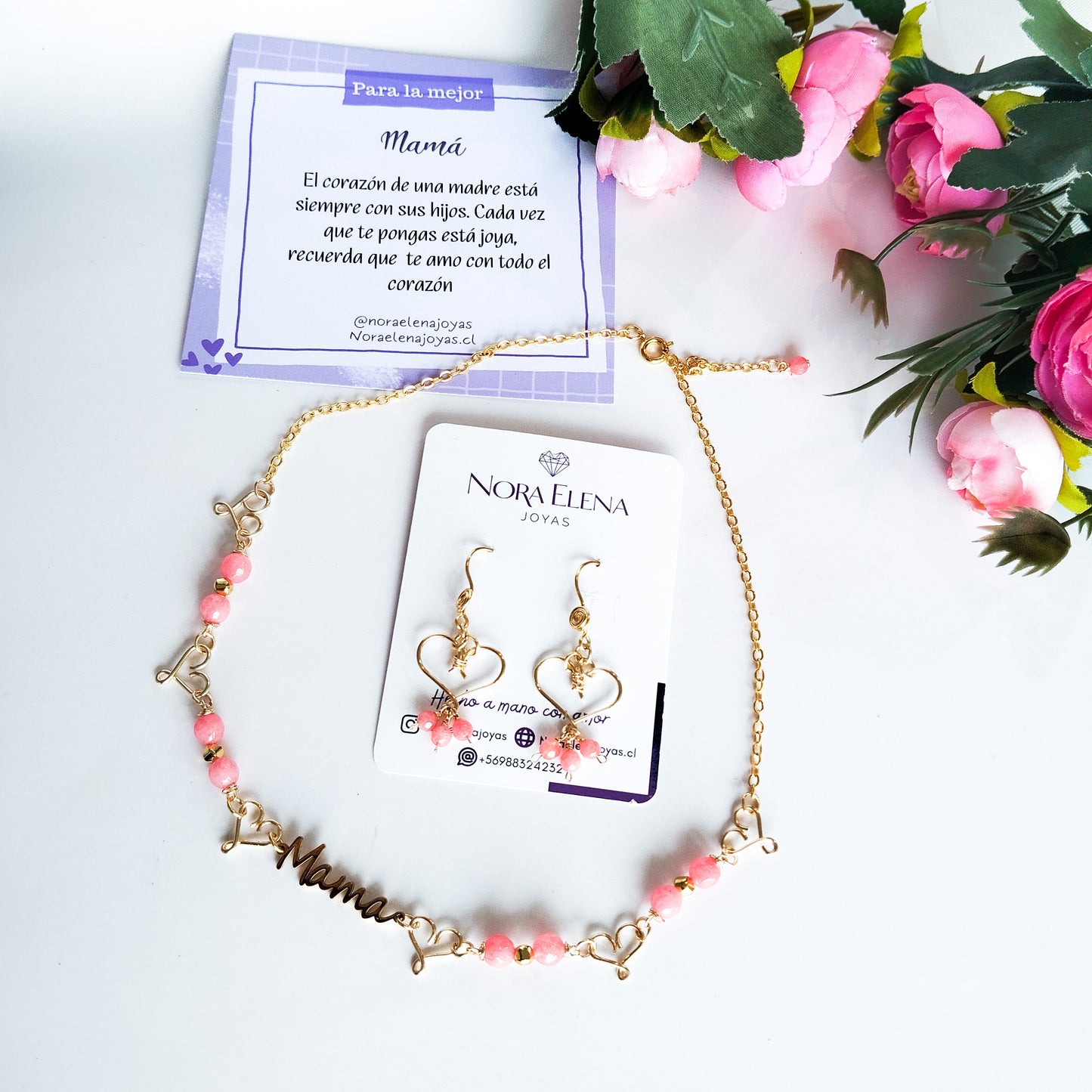 Juego de Collar y Aritos del Día de las Madres en Piedras Ágatas Y Separadores en Forma de Corazón