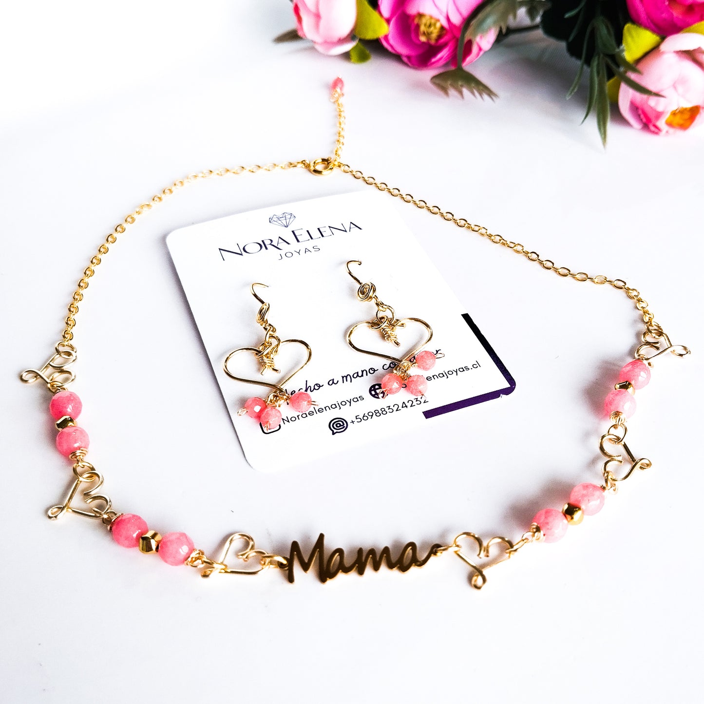 Juego de Collar y Aritos del Día de las Madres en Piedras Ágatas Y Separadores en Forma de Corazón