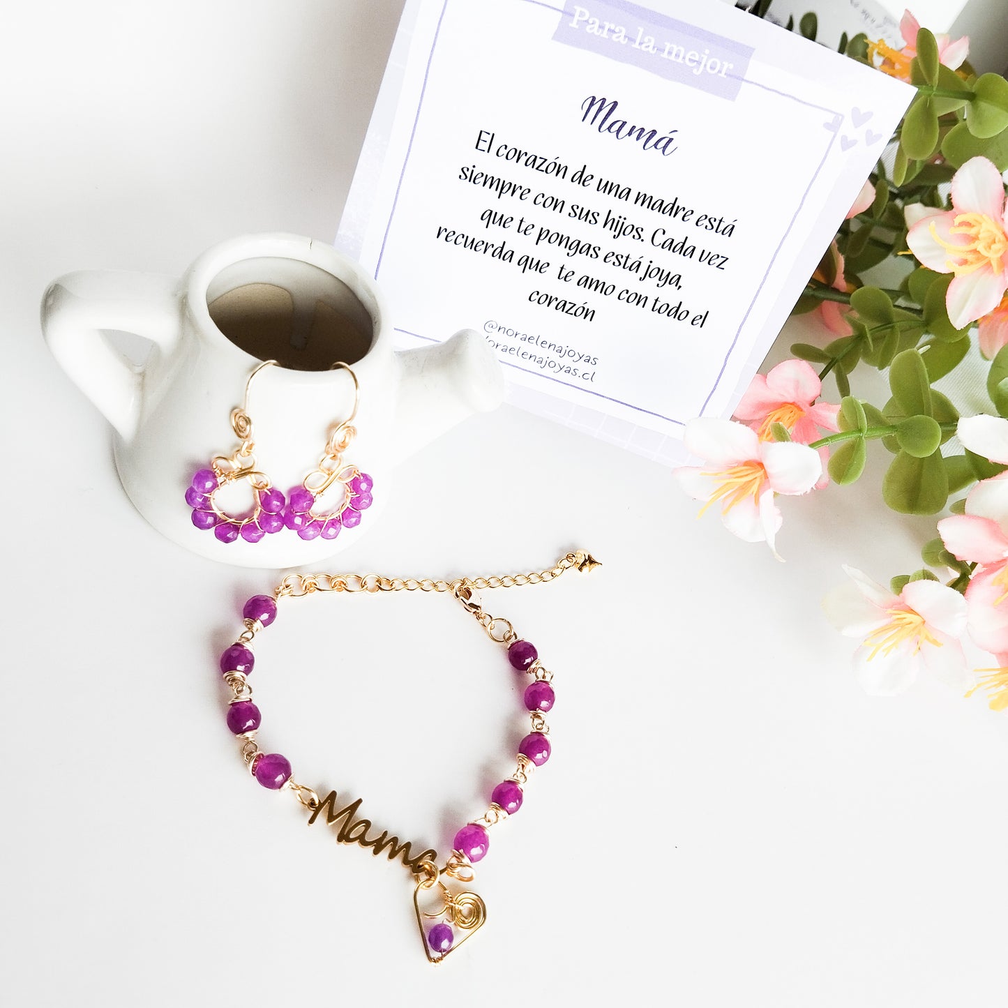Conjunto Pulsera y Aros del Día de las Madres con Piedras Ágatas y Baño de Oro