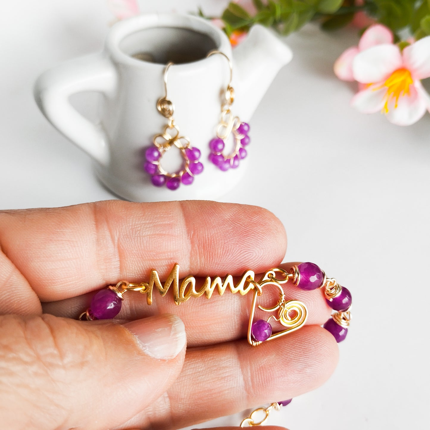 Conjunto Pulsera y Aros del Día de las Madres con Piedras Ágatas y Baño de Oro