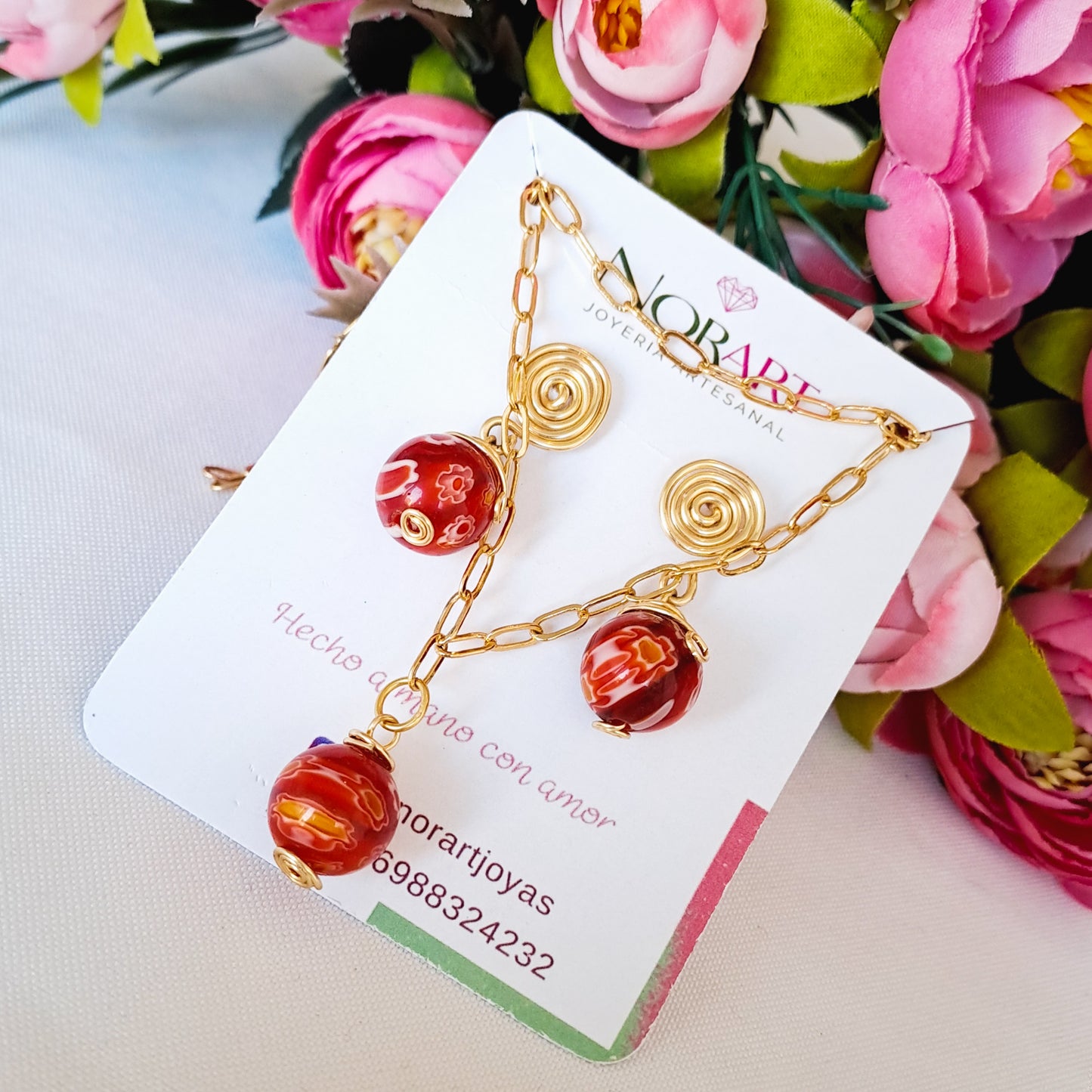 Conjunto de Cadena Con Baño de Oro Y Zarcillos Con Piedras de Murano