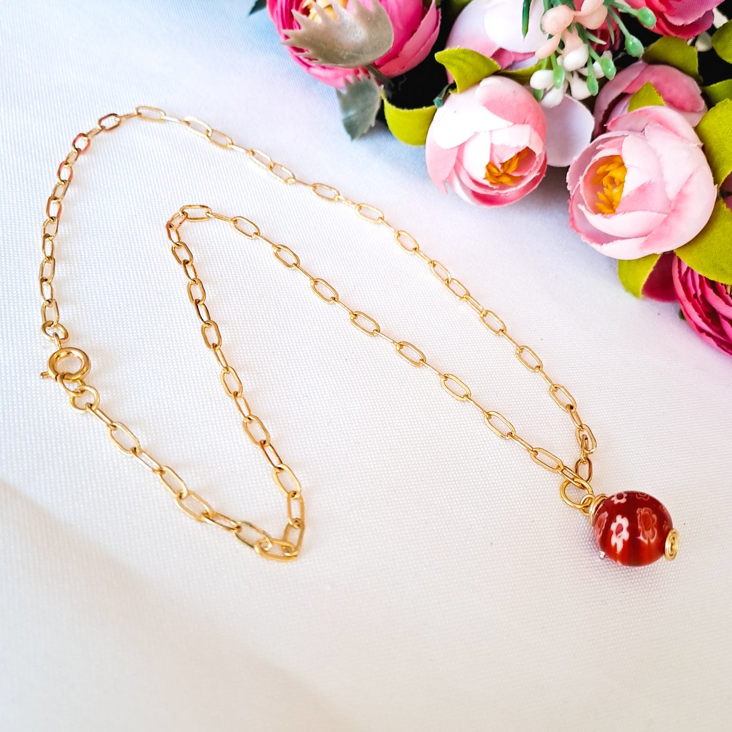 Conjunto de Cadena Con Baño de Oro Y Zarcillos Con Piedras de Murano