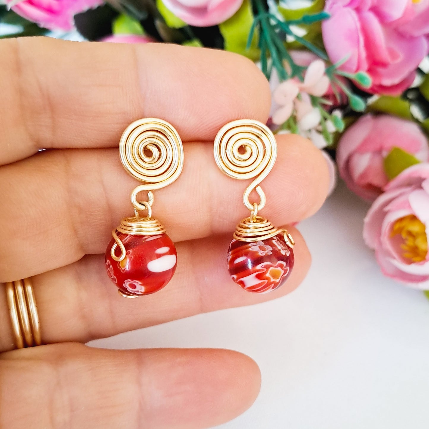 Conjunto de Cadena Con Baño de Oro Y Zarcillos Con Piedras de Murano