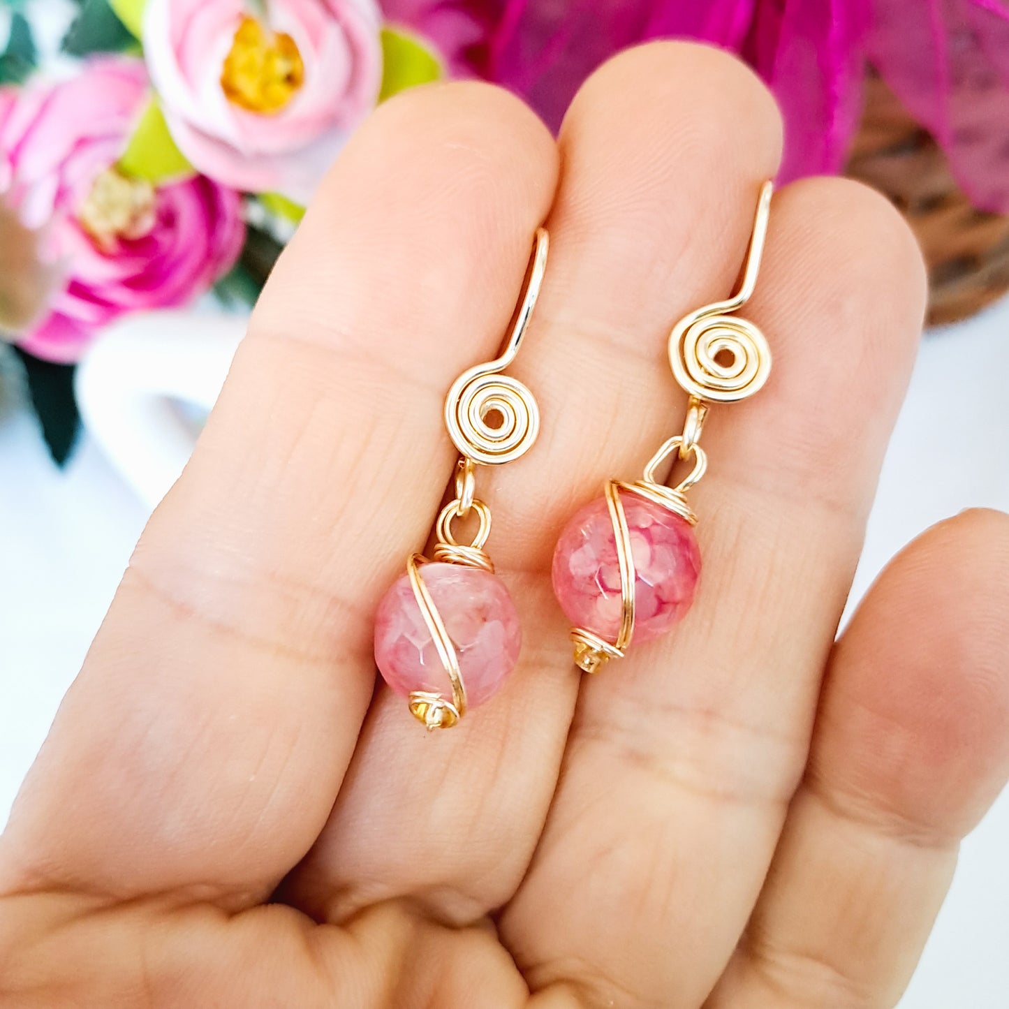 Aros Colgantes Engarzados Con Doble Hebra de Alambre