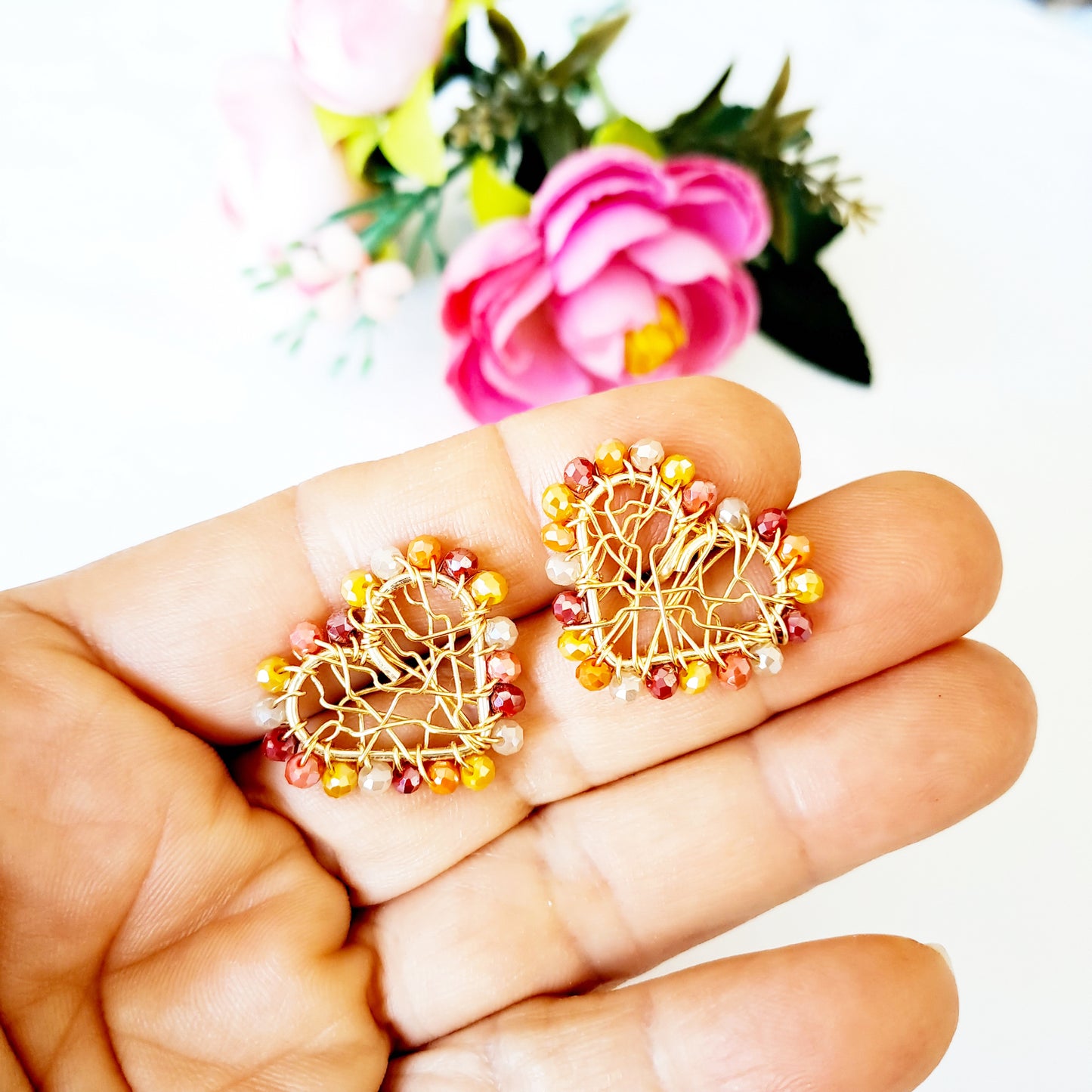 Aros Con Forma de Corazón Bordados Con Cristales Entorchados
