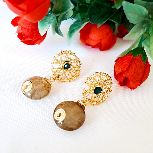 Aros Con Base Redonda Con Alambre Entramado Y Ágata Natural Colgante
