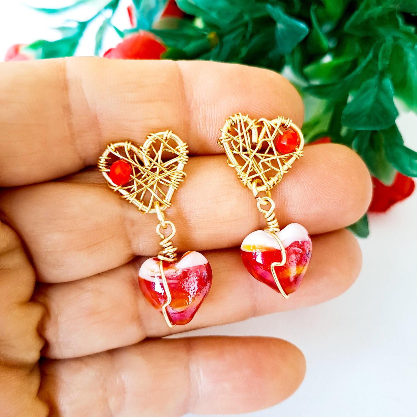 Juego de Collar Y Aros en Baño de Oro Y Corazones de Murano