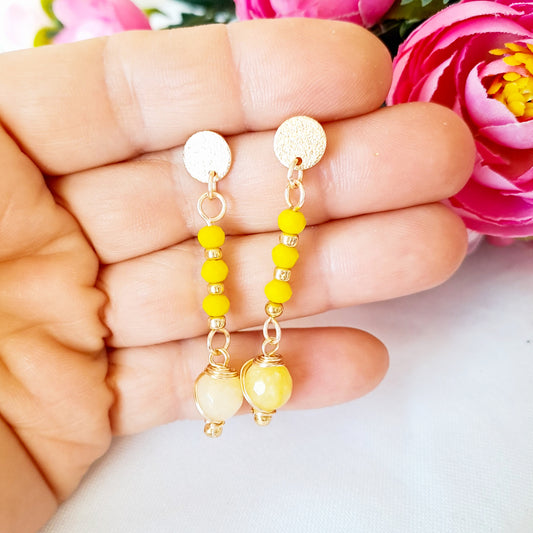 Aros Con Base Bañada en Oro Con Tres Cristales Y Agata Colgante