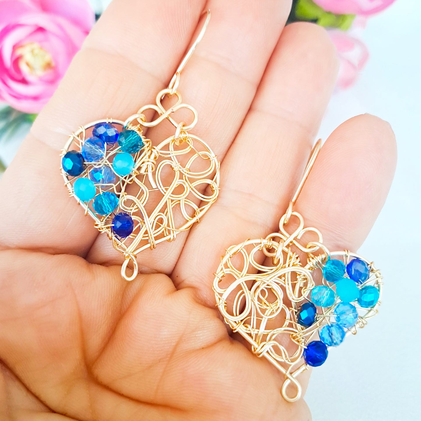 Aros en Forma de Corazón con Entramado dee Alambre y Cristales