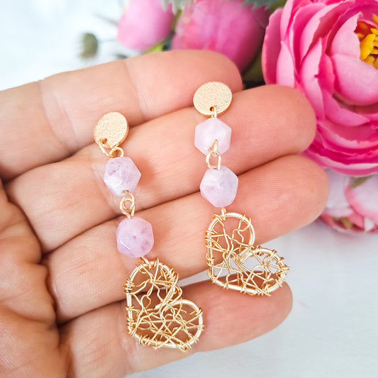 Aros Colgantes con Piedras Ágatas y Corazón de Alambre