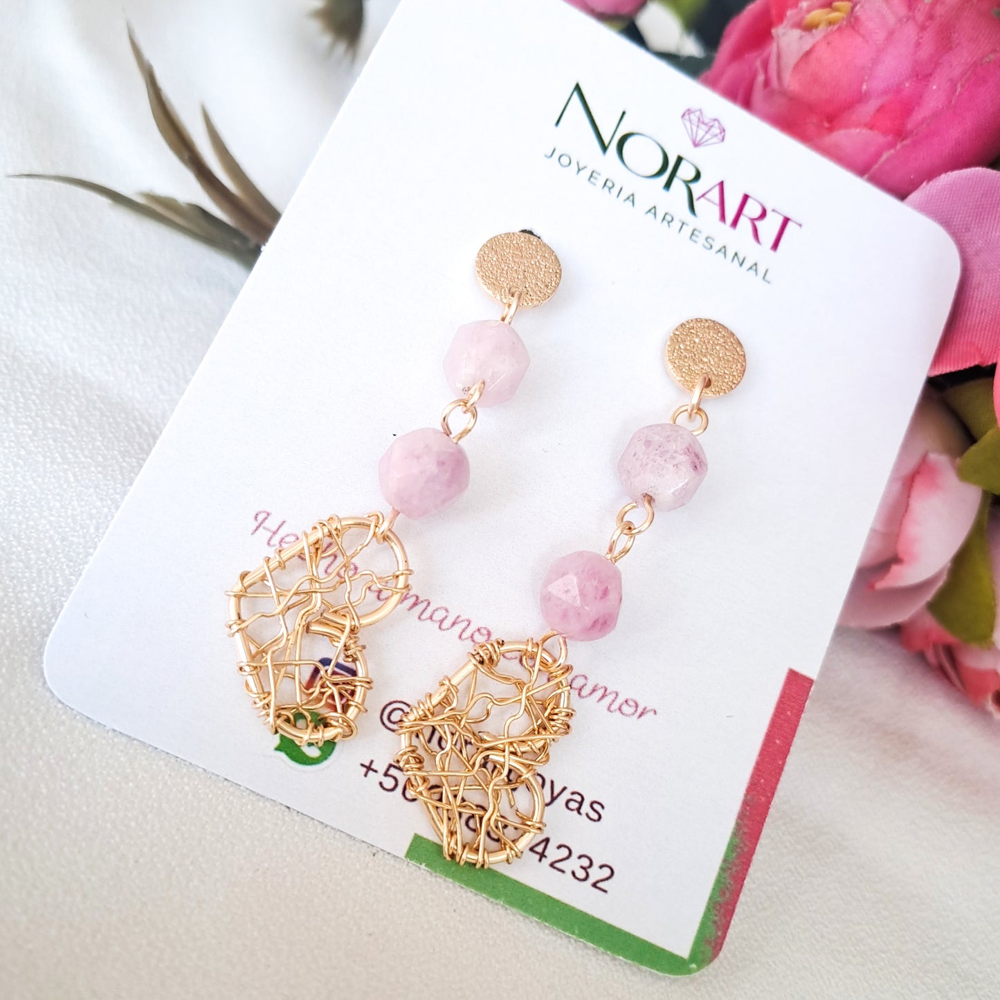 Aros Colgantes con Piedras Ágatas y Corazón de Alambre