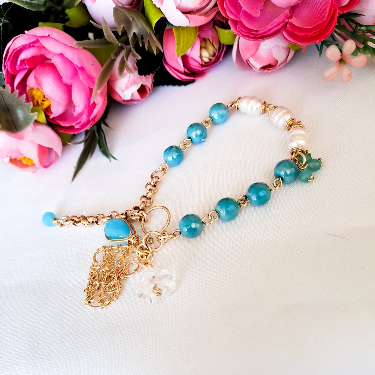 Conjunto de Aros y Pulsera Con Perlas de Rio Y Ágatas Facetadas