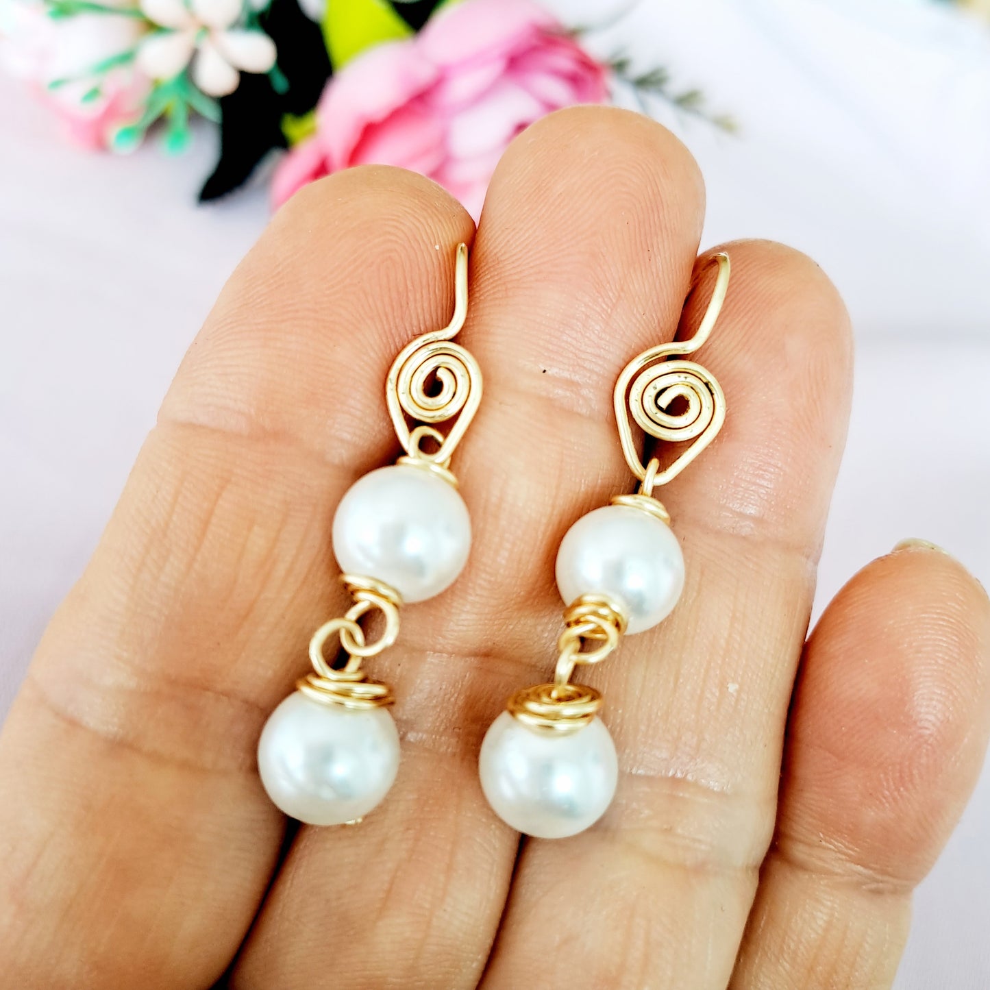 Aros Con Dos Perlas Engarzadas Y Anzuelo de Alambre