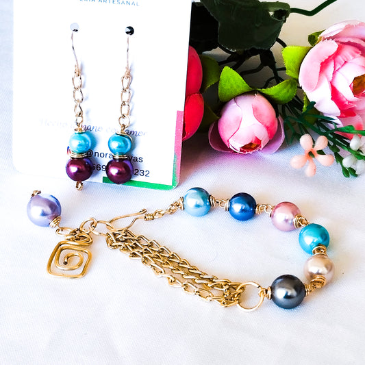 Conjunto de Pulsera Y Aros en Perlas Shell Y Cadena