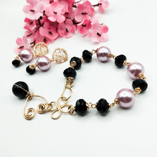 Conjunto de Pulsera y Aros con Perlas Shell y Cristales Checos