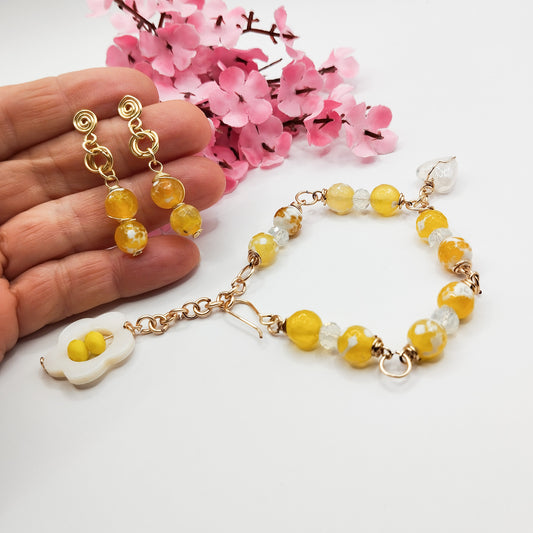 Conjunto de Aros Y Pulsera Con Piedras Ágatas