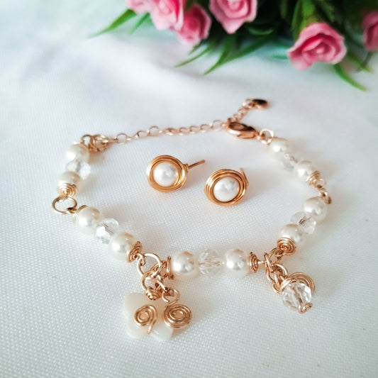 Conjunto de Pulsera y Aros con Perlas del Río y Piedra Nacar