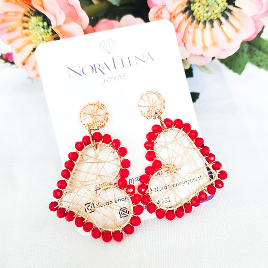 Aros Grandes Colgantes de Corazones Rojos Tejidos