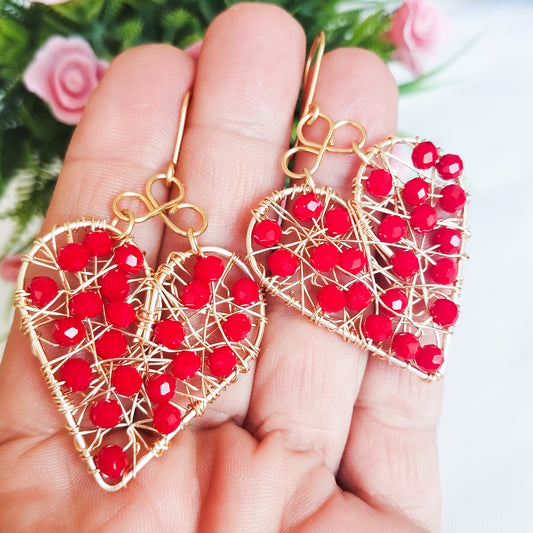 Aros de Corazones Grandes Entramados con Cristales Checos Rojos