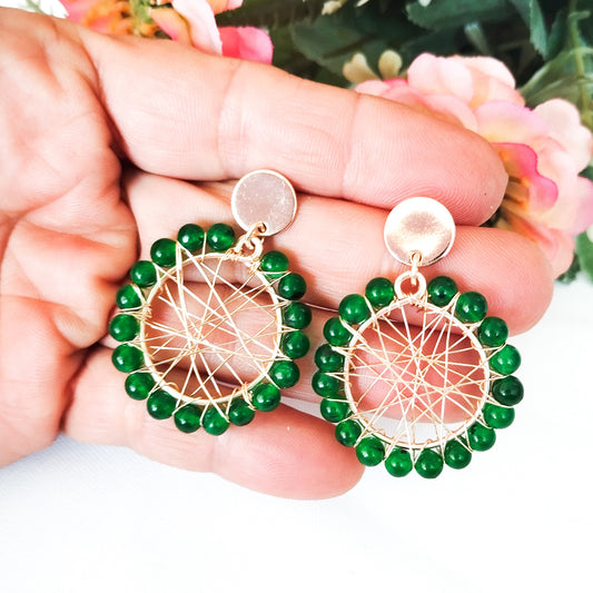 Aros Redondos Con Piedras Jades Entorchadas Con Alambre
