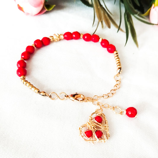 Pulsera en Ágatas Con Bolitas Labradas Y Cadena Extensora, Todo Con Baño de Oro
