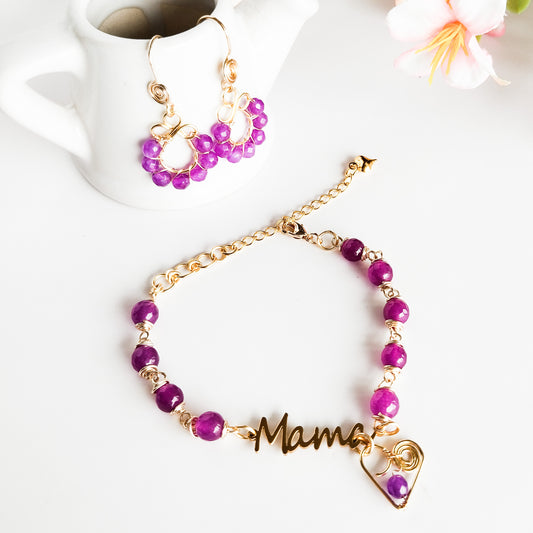 Conjunto Pulsera y Aros del Día de las Madres con Piedras Ágatas y Baño de Oro