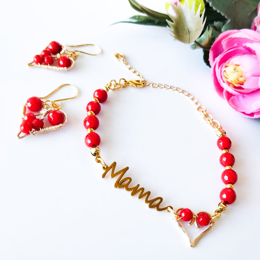 Juego de Pulsera Y Aros Para Mamá Con Agatas Naturales Rojas Y Alambre Bañado en Oro