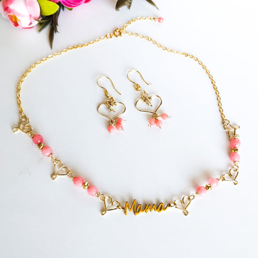 Juego de Collar y Aritos del Día de las Madres en Piedras Ágatas Y Separadores en Forma de Corazón