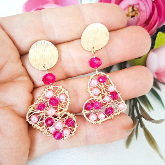 Aros en Forma de Corazón Con Entramado de Cristales y Perlas